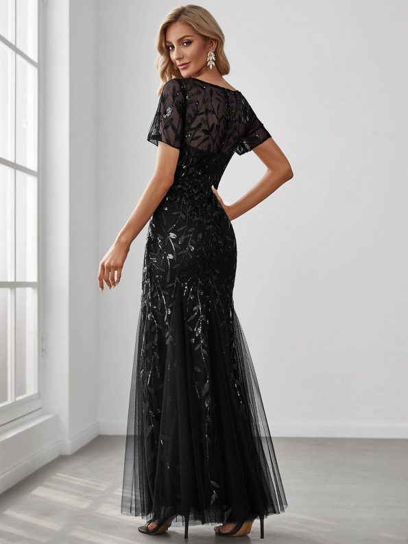 Floral Sequin Maxi Fishtail Tulle Prom Dress with Short Sleeve - Black