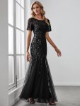 Floral Sequin Maxi Fishtail Tulle Prom Dress with Short Sleeve – Black