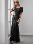 Floral Sequin Maxi Fishtail Tulle Prom Dress with Short Sleeve – Black