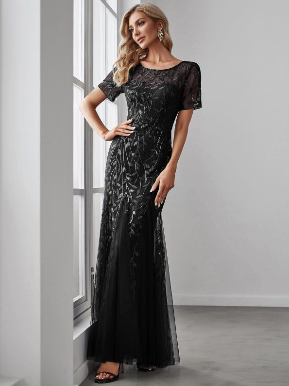 Floral Sequin Maxi Fishtail Tulle Prom Dress with Short Sleeve - Black