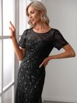 Floral Sequin Maxi Fishtail Tulle Prom Dress with Short Sleeve – Black