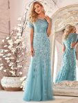 Floral Sequin Maxi Fishtail Tulle Prom Dress with Short Sleeve - Dusty Blue