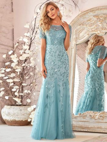 Floral Sequin Maxi Fishtail Tulle Prom Dress with Short Sleeve - Dusty Blue