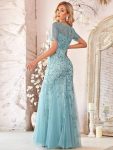 Floral Sequin Maxi Fishtail Tulle Prom Dress with Short Sleeve – Dusty Blue