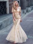 Floral Sequin Maxi Fishtail Tulle Prom Dress with Short Sleeve – Gold