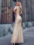 Floral Sequin Maxi Fishtail Tulle Prom Dress with Short Sleeve – Gold