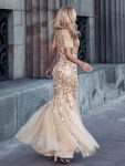 Floral Sequin Maxi Fishtail Tulle Prom Dress with Short Sleeve – Gold