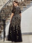 Floral Sequin Maxi Fishtail Tulle Prom Dress with Short Sleeve – Black & Gold