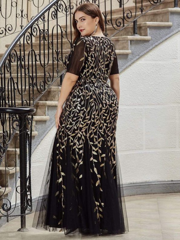 Floral Sequin Maxi Fishtail Tulle Prom Dress with Short Sleeve - Black & Gold