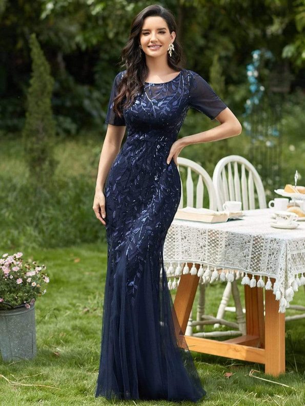 Floral Sequin Maxi Fishtail Tulle Prom Dress with Short Sleeve - Navy Blue