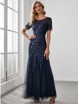 Floral Sequin Maxi Fishtail Tulle Prom Dress with Short Sleeve – Navy Blue