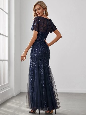 Floral Sequin Maxi Fishtail Tulle Prom Dress with Short Sleeve - Navy Blue