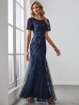 Floral Sequin Maxi Fishtail Tulle Prom Dress with Short Sleeve – Navy Blue