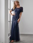 Floral Sequin Maxi Fishtail Tulle Prom Dress with Short Sleeve – Navy Blue