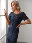 Floral Sequin Maxi Fishtail Tulle Prom Dress with Short Sleeve – Navy Blue