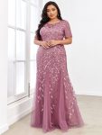 Floral Sequin Maxi Fishtail Tulle Prom Dress with Short Sleeve – Purple Orchid