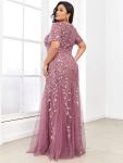 Floral Sequin Maxi Fishtail Tulle Prom Dress with Short Sleeve – Purple Orchid