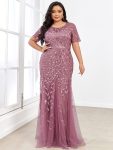 Floral Sequin Maxi Fishtail Tulle Prom Dress with Short Sleeve – Purple Orchid