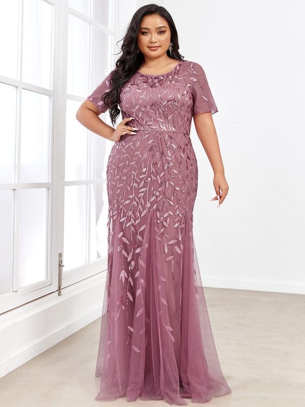 Floral Sequin Maxi Fishtail Tulle Prom Dress with Short Sleeve - Purple Orchid