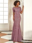 Floral Sequin Maxi Fishtail Tulle Prom Dress with Short Sleeve – Purple Orchid