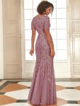 Floral Sequin Maxi Fishtail Tulle Prom Dress with Short Sleeve – Purple Orchid