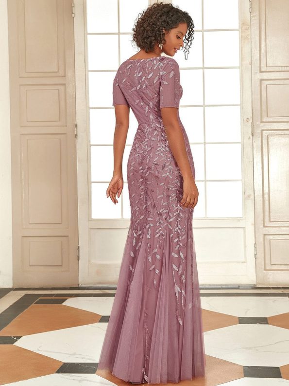 Floral Sequin Maxi Fishtail Tulle Prom Dress with Short Sleeve - Purple Orchid