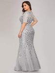 Floral Sequin Maxi Fishtail Tulle Prom Dress with Short Sleeve – Silver