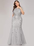 Floral Sequin Maxi Fishtail Tulle Prom Dress with Short Sleeve – Silver