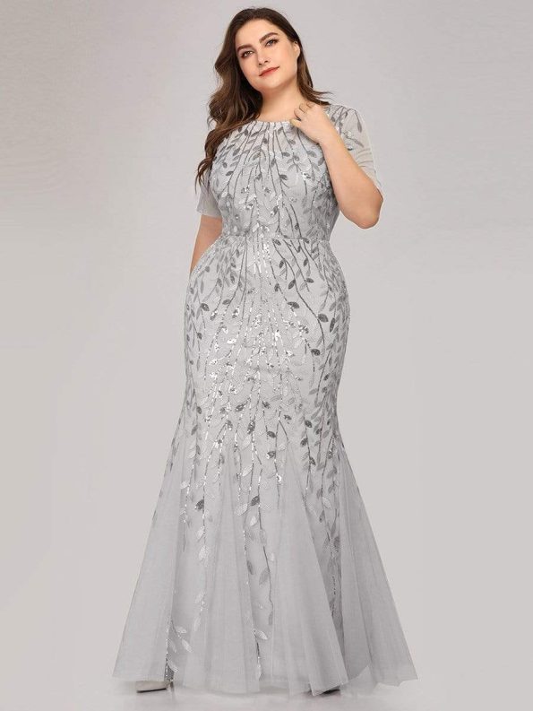 Floral Sequin Maxi Fishtail Tulle Prom Dress with Short Sleeve - Silver