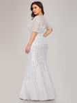 Floral Sequin Maxi Fishtail Tulle Prom Dress with Short Sleeve – White