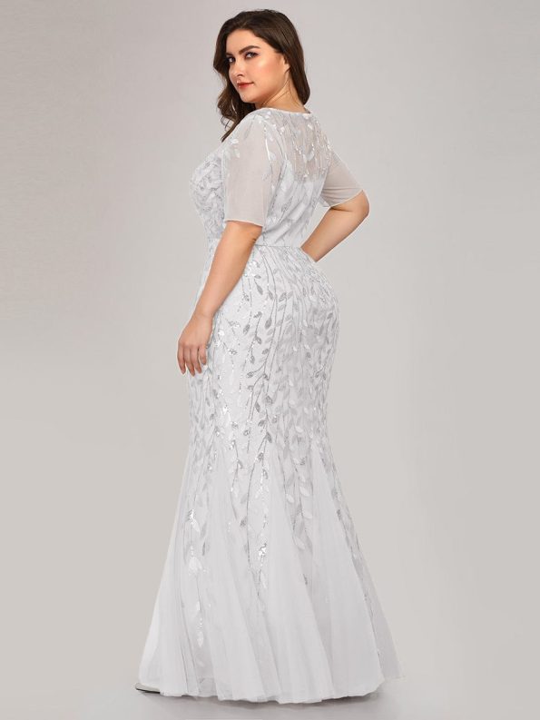 Floral Sequin Maxi Fishtail Tulle Prom Dress with Short Sleeve - White