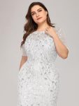 Floral Sequin Maxi Fishtail Tulle Prom Dress with Short Sleeve – White