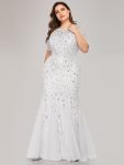 Floral Sequin Maxi Fishtail Tulle Prom Dress with Short Sleeve – White