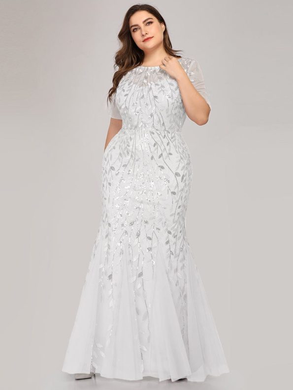 Floral Sequin Maxi Fishtail Tulle Prom Dress with Short Sleeve - White