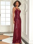 Sexy Sequin Backless Fishtail Evening Gowns for Women – Burgundy