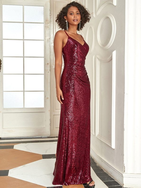 Sexy Sequin Backless Fishtail Evening Gowns for Women - Burgundy