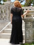 Floral Sequin Maxi Fishtail Tulle Prom Dress with Short Sleeve – Black