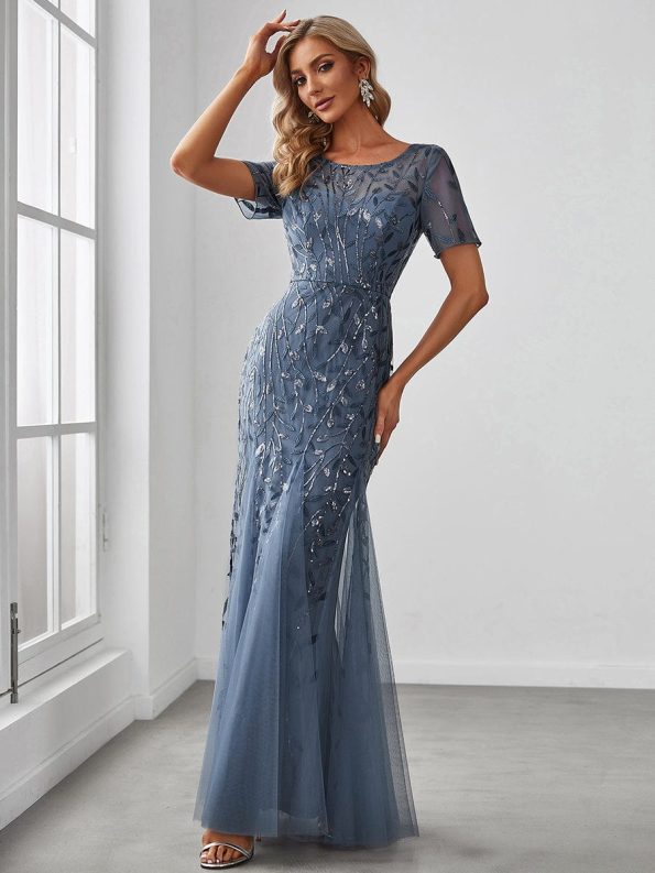 Floral Sequin Maxi Fishtail Tulle Prom Dress with Short Sleeve - Dusty Navy