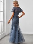 Floral Sequin Maxi Fishtail Tulle Prom Dress with Short Sleeve – Dusty Navy