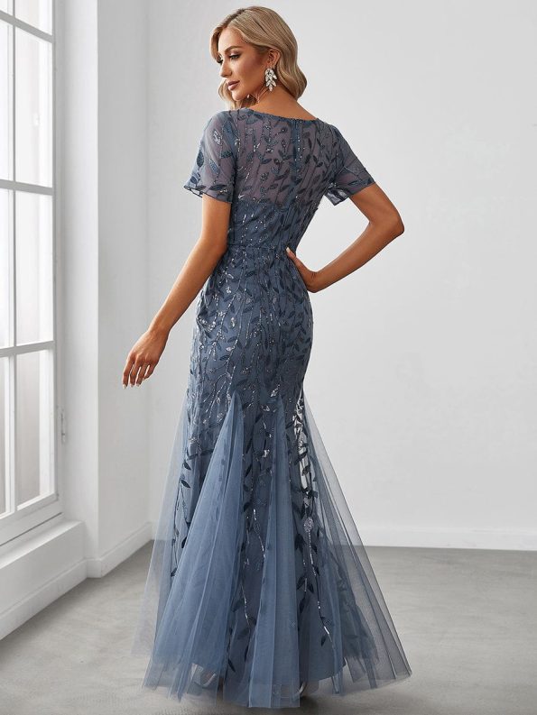 Floral Sequin Maxi Fishtail Tulle Prom Dress with Short Sleeve - Dusty Navy