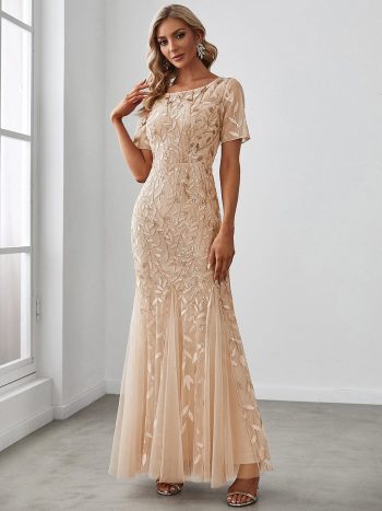 Floral Sequin Maxi Fishtail Tulle Prom Dress with Short Sleeve - Gold