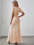 Floral Sequin Maxi Fishtail Tulle Prom Dress with Short Sleeve – Gold