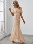 Floral Sequin Maxi Fishtail Tulle Prom Dress with Short Sleeve – Gold