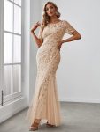 Floral Sequin Maxi Fishtail Tulle Prom Dress with Short Sleeve – Gold