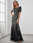 Floral Sequin Maxi Fishtail Tulle Prom Dress with Short Sleeve - Black & Gold