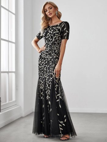 Floral Sequin Maxi Fishtail Tulle Prom Dress with Short Sleeve - Black & Gold