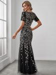 Floral Sequin Maxi Fishtail Tulle Prom Dress with Short Sleeve – Black & Gold