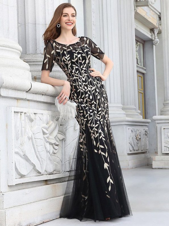 Floral Sequin Maxi Fishtail Tulle Prom Dress with Short Sleeve - Black & Gold