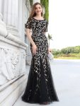 Floral Sequin Maxi Fishtail Tulle Prom Dress with Short Sleeve – Black & Gold