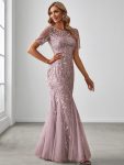 Floral Sequin Maxi Fishtail Tulle Prom Dress with Short Sleeve – Lilac